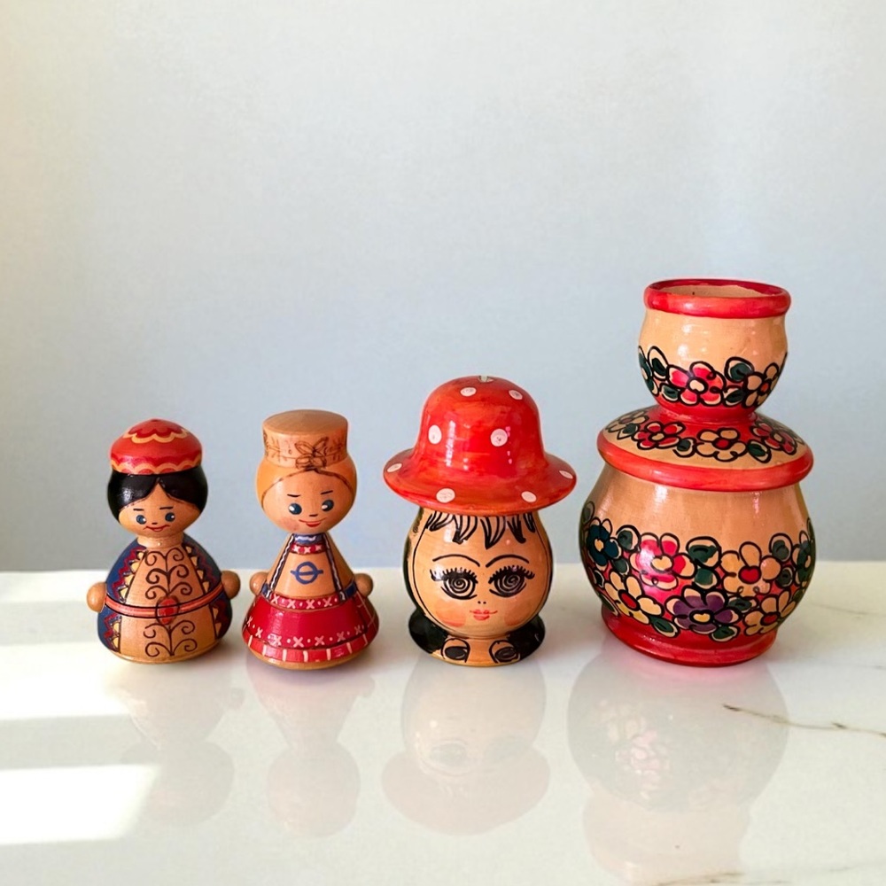 Vintage USSR Hand Painted Wooden Folk Art Figurines & Candleholder